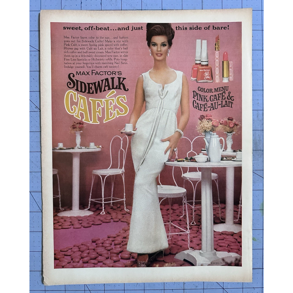 1964 Print Ad Art MAX FACTOR Sidewalk Cafe Makeup